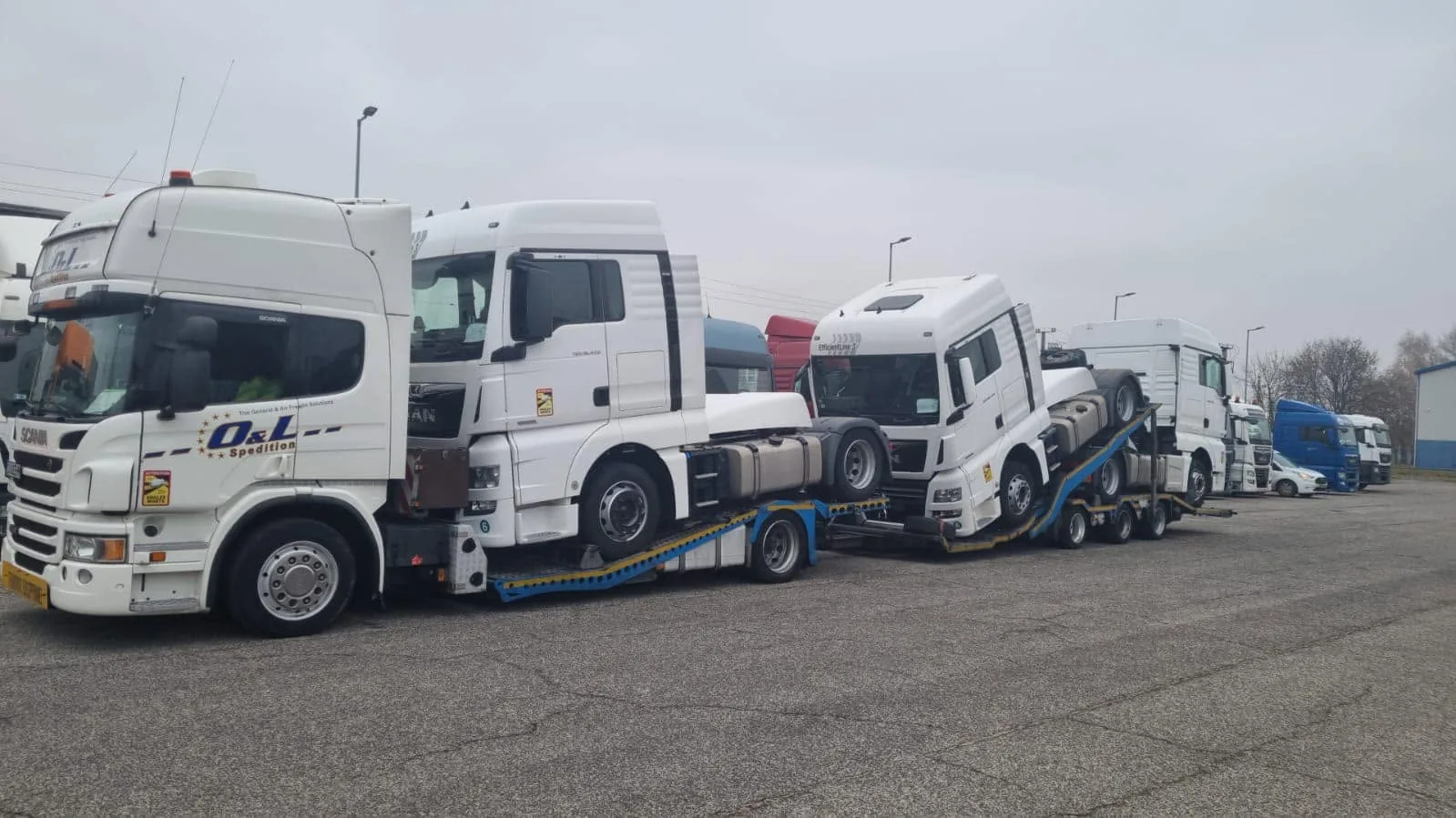 Flotă O&L, transport camioane pe trailere